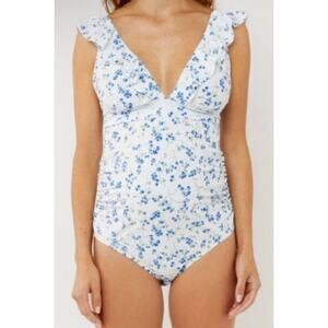 A Pea In The Pod Maternity Women's Ruffle Floral One Piece Swimsuit XS Blue